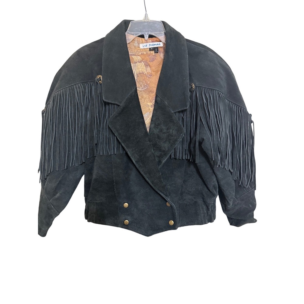 Liz Thomas‎ Womens Black Suede Fringe Western Jacket Double Breasted Cropped M